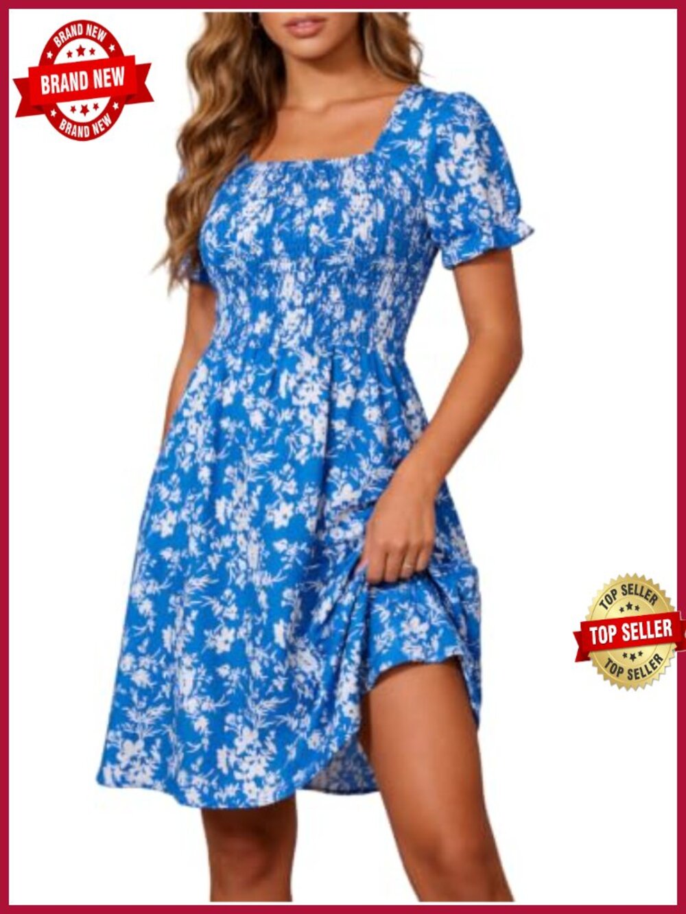 Boho Smocked Mini Dress A-Line Square Neck Ruffle Sleeve with Pockets